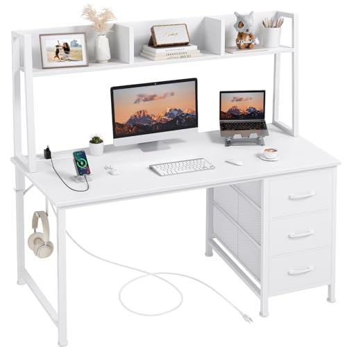 DLISITING Weißer Computertisch mit Stall und Schubladen – Büro Arbeitszimmer Schreiben 119,9 cm Schreibtisch mit 3 Schubladen Stauraum Steckdosen, moderner Schreibtisch für Schlafzimmer Home Office von DLisiting