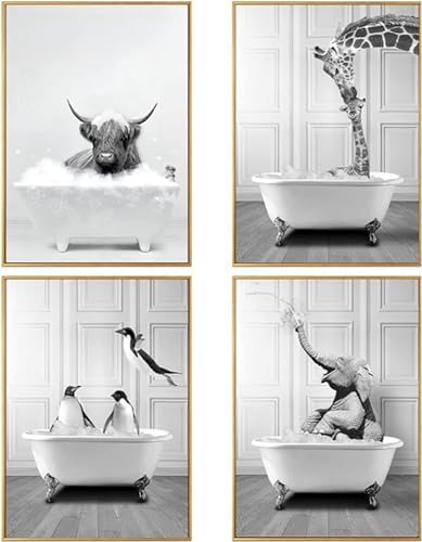 4er Set Lustige Tierische Kunst Wandbild Schottisches Hochlandrind - Badezimmer Toiletten Deko, Rahmenlos (Poster-02, 4Pcs-50x70cm) von DLKAJFK