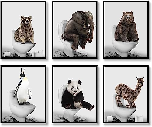 DLKAJFK Funny Animal Badezimmer Wanddekoration,Leinwand Bilder Badezimmer Kunstwerk Niedliche Waschbär, Bär, Pinguin, Panda in Toilette Wanddekor,Rahmenlos (Stile 2,20x25cm*6) von DLKAJFK