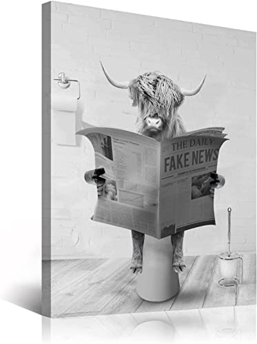 DLKAJFK Highland Cow Wall Art in Toilet, Black and White Canvas Bathroom Wall Decor Vintage Animal Posters，Modern Artwork for Bathroom Living,No Frame (Stile 4,70 x 100cm*1) von DLKAJFK