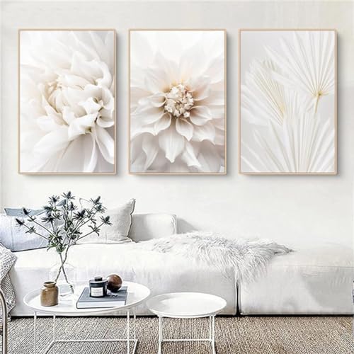 DLKAJFK Moderne Wandmalerei Plakat Set, Natürliche Landschaft Strand, Schilfblätter, Weiße Rosen, Leinwanddruck, Hintergrund Wanddekoration Plakat Set, Rahmenlos (Blütenherz, 3Pcs-70x100cm) von DLKAJFK