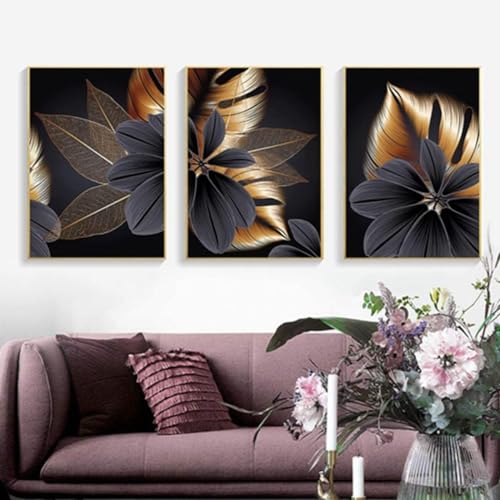 DLKAJFK Moderne Wandmalerei Plakat Set, Natürliche Landschaft Strand, Schilfblätter, Weiße Rosen, Leinwanddruck, Hintergrund Wanddekoration Plakat Set, Rahmenlos (Gold Blätter, 3Pcs-70x100cm) von DLKAJFK