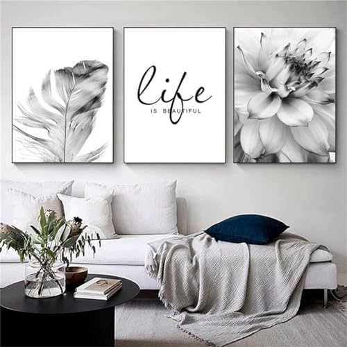 DLKAJFK Moderne Wandmalerei Plakat Set, Natürliche Landschaft Strand, Schilfblätter, Weiße Rosen, Leinwanddruck, Hintergrund Wanddekoration Plakat Set, Rahmenlos (Graue Blätter, 3Pcs-70x100cm) von DLKAJFK