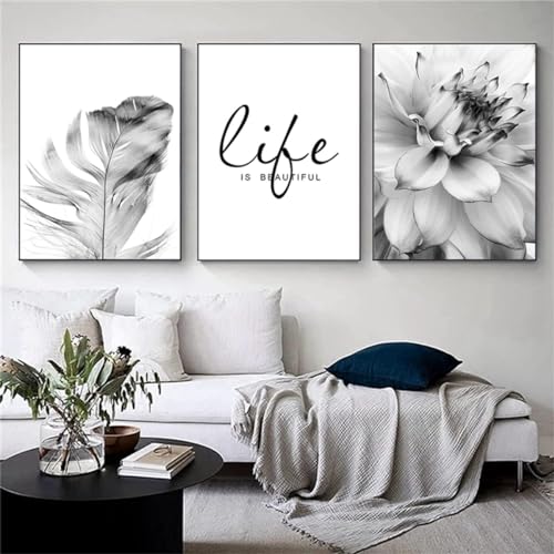 DLKAJFK Moderne Wandmalerei Plakat Set, Natürliche Landschaft Strand, Schilfblätter, Weiße Rosen, Leinwanddruck, Hintergrund Wanddekoration Plakat Set, Rahmenlos (Graue Blätter,3Pcs-50x70cm) von DLKAJFK