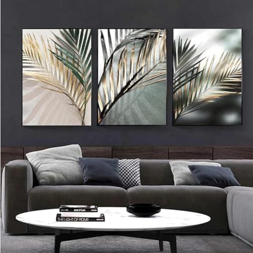 DLKAJFK Moderne Wandmalerei Plakat Set, Natürliche Landschaft Strand, Schilfblätter, Weiße Rosen, Leinwanddruck, Hintergrund Wanddekoration Plakat Set, Rahmenlos (Grüne Blätter, 3Pcs-70x100cm) von DLKAJFK