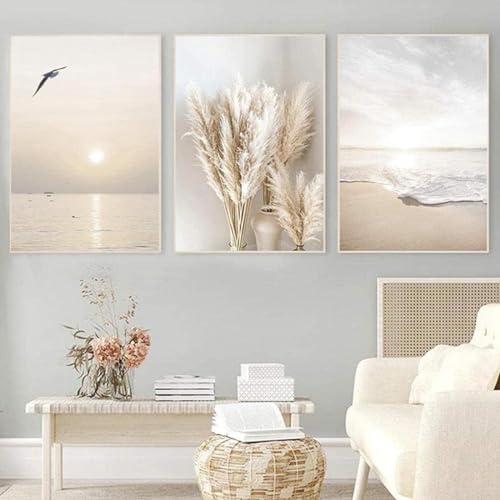 DLKAJFK Moderne Wandmalerei Plakat Set, Natürliche Landschaft Strand, Schilfblätter, Weiße Rosen, Leinwanddruck, Hintergrund Wanddekoration Plakat Set, Rahmenlos (Strand,3Pcs-30x40cm) von DLKAJFK