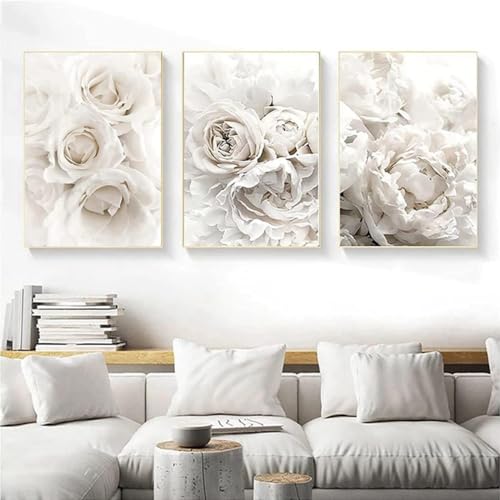 DLKAJFK Moderne Wandmalerei Plakat Set, Natürliche Landschaft Strand, Schilfblätter, Weiße Rosen, Leinwanddruck, Hintergrund Wanddekoration Plakat Set, Rahmenlos (Weiße Blüten,3Pcs-50x70cm) von DLKAJFK