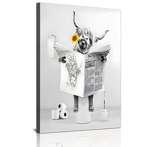 DLKAJFK Zeitung Hochlandrinder Löwe Bär Kaninchen Faultier Affe Schwarz und Weiß Wandkunst Leinwand Badezimmer Dekorative Wandmalerei,Rahmenlos（Hochlandrinder1,40x60cm） von DLKAJFK