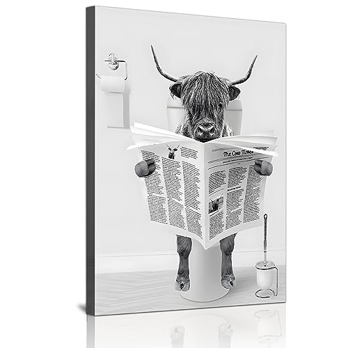 DLKAJFK Zeitung Hochlandrinder Löwe Bär Kaninchen Faultier Affe Schwarz und Weiß Wandkunst Leinwand Badezimmer Dekorative Wandmalerei,Rahmenlos（Hochlandrinder2,40x60cm） von DLKAJFK