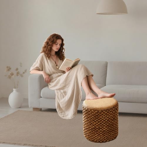 DLLDLGG Moderner Runder Ottomane, Geflochtene Fußstütze, Weich Gepolsterter Tritthocker, Handgeflochtener Rattan-Fußhocker für Wohnzimmer, Schlafzimmer und Home Office(Caramel Color,11.8x11.8in) von DLLDLGG
