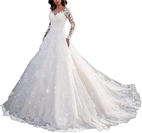 Damen Brautkleider V-Ausschnitt Lange Ärmel Brautkleid Prinzessin Brautkleid Spitze Tüll,Weiß,54 von DLQZDS