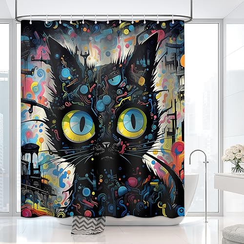 DLTAY Hippie-Katzen-Duschvorhang für Badezimmer, lustige schwarze Katze, Hip-Hop-Duschvorhang-Set, wasserdichter Stoff, Badewannenvorhang, Dekor mit 12 Haken, 183 x 183 cm von DLTAY