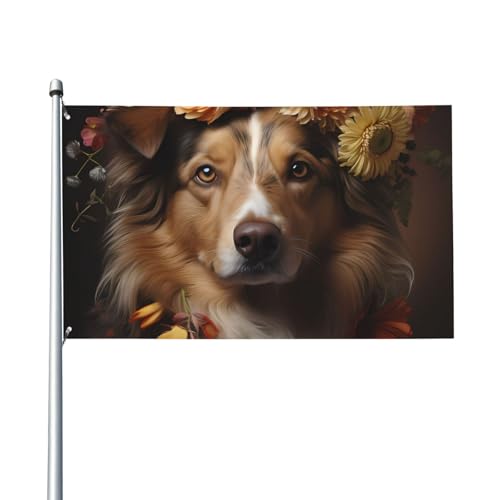 Auffällig und schockierend! Dlxw 3 x 5 Fuß Hund Mädchen mit Blumen Outdoor-Flagge mit Segeltuch-Kopf, UV-beständig, hervorragende Handwerkskunst, atemberaubend und blendend von DLXW
