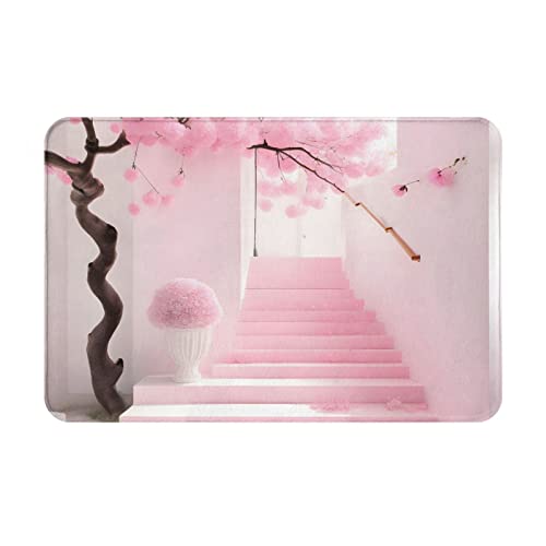 DLXW Dicke Flanell rutschfeste Fußmatte - Mehrzweck-Teppich für Innen- und Außenbereich, für Haustür, Küche, Bad, langlebig und leicht zu reinigen, rosa Kirschblüten-Treppe von DLXW