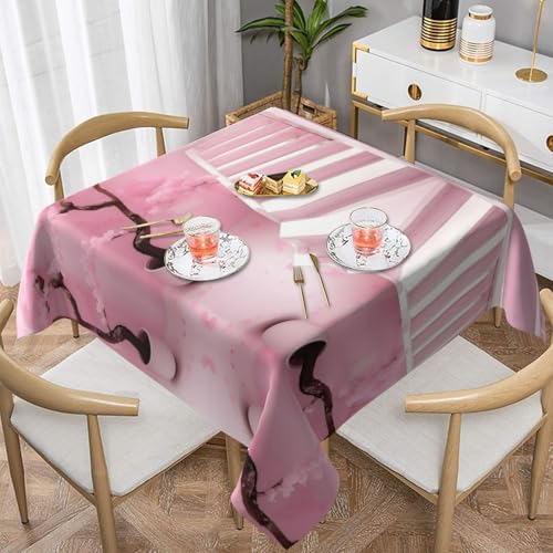 DLXW Quadratische Tischdecke, elegantes und strapazierfähiges Polyestergewebe, das die Tischplatten vor Flecken und Kratzern schützt, geeignet für alle Gelegenheiten, Kirschblüten-weiße Treppe (152,4 von DLXW