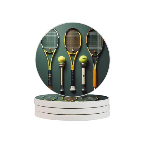 Tennisbälle und Schläger, ein Set mit vier neuartigen Stein-Untersetzern, die saugfähig sind und als Heimdekoration für Getränkebecher verwendet werden von DLXW