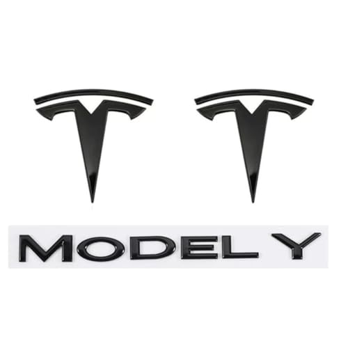 DLXYZML Schwarz Ersatz Emblem Set für Tesla Model Y 2020 2021 2022 2023 2024 2025,3D Vorne Hinten Abzeichen Logo Frontkoffer Kofferraum Buchstaben Aufkleber ABS Auto Dekor Styling Exterieur Zubehör von DLXYZML