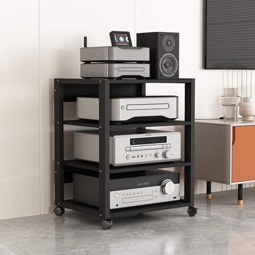 Media-Ständer, AV-Media-Ständer, bewegliches Video-Audio-Regal mit höhenverstellbarem Holzregal, offener Stereo-Schrank, Eckkomponentenschrank, tragbarer Medien-Aufbewahrungsschrank (Größe: 4 Ebenen von DLYZAYE