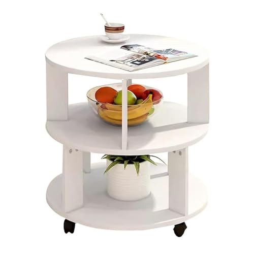 Moderner runder Couchtisch mit Rollen, Nachttisch mit Stauraum, kleiner Couchtisch aus Holz, stabiler Beistelltisch für Wohnzimmer, Schlafzimmer, Cocktailtisch (Farbe: Weiß, Größe: 48 x 48 cm) von DLYZAYE