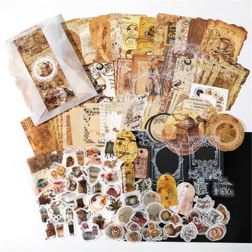 DLZFUDTY Sticker,Aufkleber Aufklebermaterialpaket Retro-Notizbuch DIY-Material Collage-Aufkleber 200 Stück 4 Arten(Coffee Diary) von DLZFUDTY