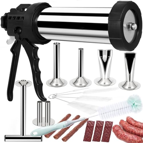 Wurstmaschine,WurstfüLler Upgrade Edelstahl 2,1 Pfund großes Fassungsvermögen Jerky Gun Kit Beef Deer Jerky Sausage Stuffer Meat Gun Jerky Marker Shooter Jerky Kits Wurstpistolenmaschine mit Düsen, Bü von DLZFUDTY