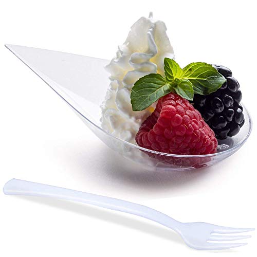 DLux 100 x 10cm Mini Dessertteller - Klar Vorspeise Löffel mit Gabeln - Wiederverwendbare Dessertbecher Plastik Kunststoff - Einweg Dessertschalen, Mini Schüsseln, Dessert Servierteller Set von DLux