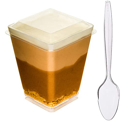 DLux 40 x 150 ml Mini Dessertbecher mit Deckel und Löffel - Klein Quadratische Wiederverwendbare Dessertgläser Plastik Kunststoff - Einweg Dessertschalen, Servierschalen, Dessert Gläser Set von DLux