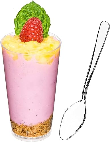 DLux 50 x 90 ml Mini Dessertbecher mit Löffel - Klein Rund Shooter Wiederverwendbare Dessertgläser Plastik Kunststoff - Einweg Dessertschalen, Servierschalen, Dessert Gläser Set von DLux