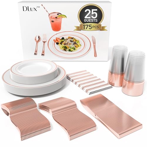 DLux Geschirrset aus roségoldenem Kunststoff für 25 Gäste (25 Gabeln, Messer, Löffel, Tassen, Strohhalme, Salat- und Speiseteller) für Hochzeiten und Partys, wiederverwendbar, 340 ml, 175-teilig von DLux