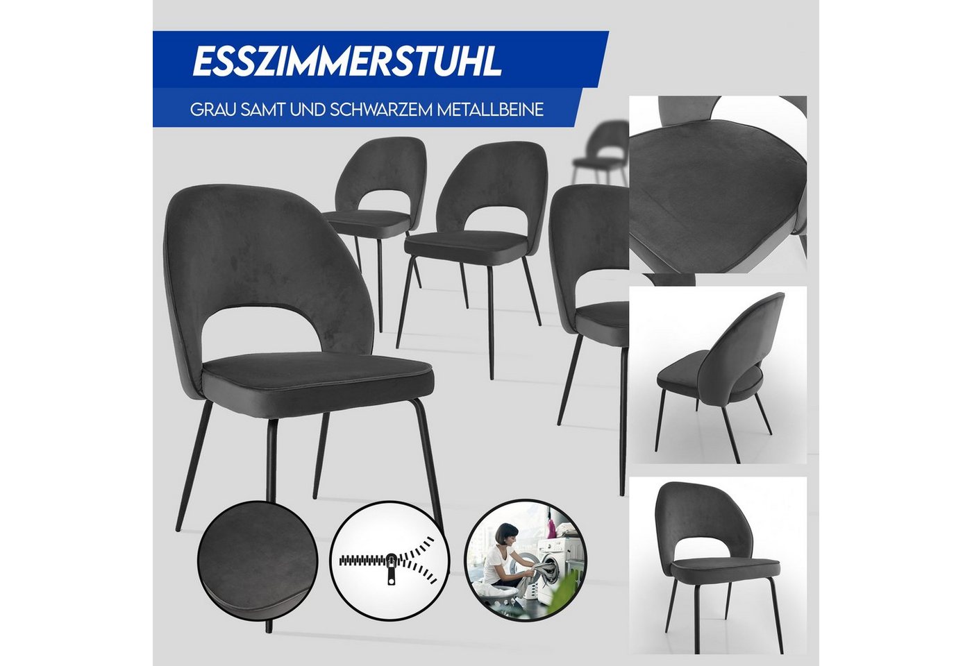 DM-Handel Esszimmerstuhl Esszimmerstuhl Stuhl Küchenstuhl 2-4-6-8er Set (Samtbezug, Küchenstuhl, mit Rückenlehne, ergonomisch, 2 St), Gestell aus Sperrholz, Metallbeine von DM-Handel