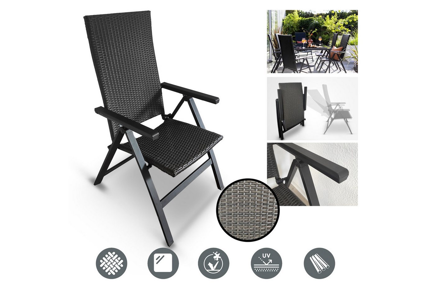 DM-Handel Gartenstuhl Aluminium Polyrattan Klappstuhl (Campingstuhl Rattanstuhl in Grau/Anthrazit), Gestell aus Aluminium, Platzsparend, zusammenklappbar von DM-Handel