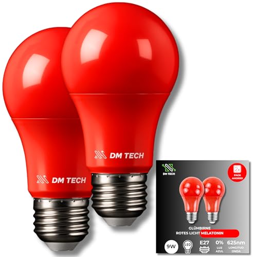 DM TECH 2er Pack Nachtlicht Rot Melatonin E27 – Rote Glühbirnen zum Schlafen – Red Light Therapie – Flicker-Free Technologie + 0% Blaulicht + Standardfassung + Förderung des Schlafrhythmus (2) von DM TECH