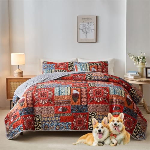 DMBAOD Bett Oben auf Betten und Betten, Baumwollbett für 2 Personen Bohemian Patchwork mit 2 Kissenbezug 881 173 * 229cm(68"x90") von DMBAOD