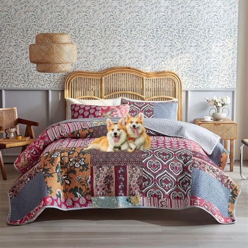 DMBAOD Bett Oben auf Betten und Betten, Baumwollbett für 2 Personen Bohemian Patchwork mit 2 Kissenbezug 885 203 * 229cm(80"x90") von DMBAOD