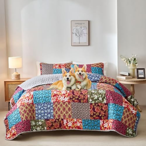 DMBAOD Bett Oben auf Betten und Betten, Baumwollbett für 2 Personen Bohemian Patchwork mit 2 Kissenbezug 895 264 * 229cm(104"x90") von DMBAOD
