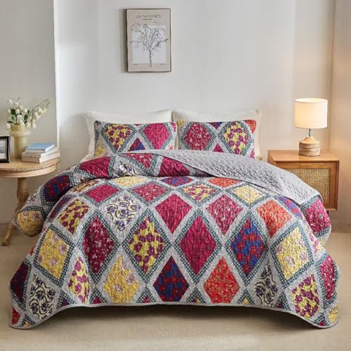 DMBAOD Patchwork Quilt -Set, Leichtes Tröster -Set mit Boho -Stil, Bettdecke mit gesteppten Bettwäsche -Set mit 2 Kissenbezügen 893 229 * 229cm(90"x90") von DMBAOD