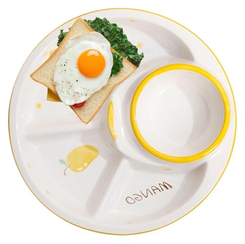 DMBBSAPBSH Geteilte Teller mit Unterteilung, Geteilter Keramikteller, runde Servierplatte for Snacks, Speiseteller zur Portionskontrolle(Yellow) von DMBBSAPBSH