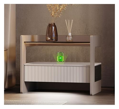 DMBBSAPBSH Nachttisch, Nachtschrank, Glasplatte-Nachttisch-hölzernes Fach-Endleder-Kabinett for Schlafzimmer(55x37x48cm) von DMBBSAPBSH