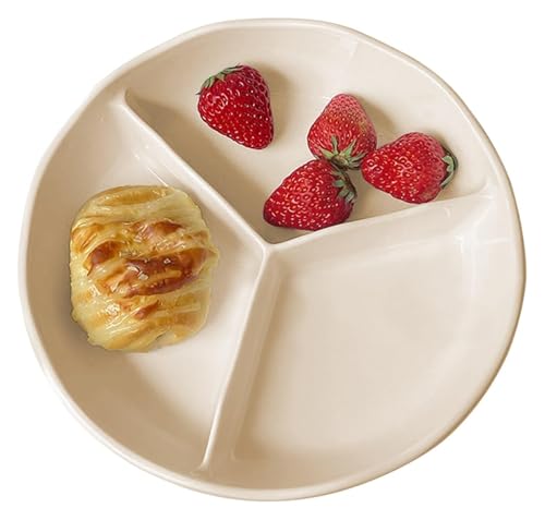 DMBBSAPBSH Porzellan Mittagessen Teller, Portionskontrolle, unterteilte Diätplatte for Pasta/Obst/Salat, rundes Keramiktablett(Beige) von DMBBSAPBSH