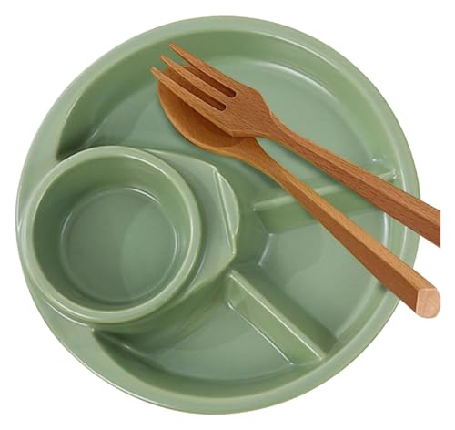 DMBBSAPBSH Porzellan Mittagessen Teller, Runde Essplatte, unterteilte Keramikschale zur Portionskontrolle mit 4 Fächern(Green) von DMBBSAPBSH