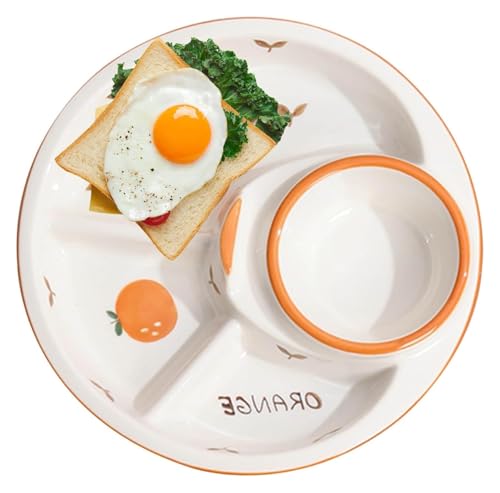 DMBBSAPBSH Porzellan Mittagessen Teller, Unterteilter Speiseteller for das Heimrestaurant mit 4 Fächern, Salattablett mit aufgedrucktem Obstmuster(Orange) von DMBBSAPBSH