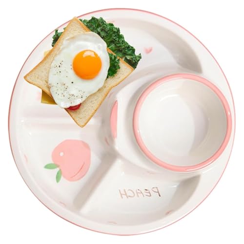 DMBBSAPBSH Porzellan Mittagessen Teller, Unterteilter Speiseteller for das Heimrestaurant mit 4 Fächern, Salattablett mit aufgedrucktem Obstmuster(Pink) von DMBBSAPBSH
