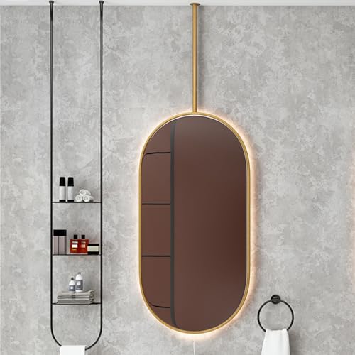Ovaler Spiegel, goldener Badezimmerspiegel mit Metallrahmen, hängender schwebender HD-Dekorspiegel an der Decke, Badezimmerspiegel für über dem Waschbecken – Stange kann individuell angepasst werden ( von DMCHENGMA
