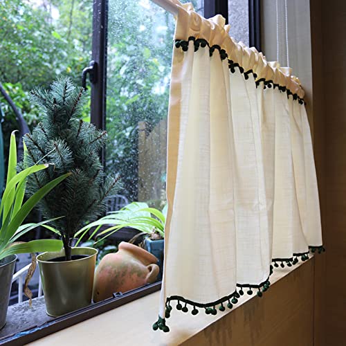 Short Curtain Transparent Panel Bistro Curtains Fenstervorhänge mit Pompom, Baumwollwäsche Cafe Kurzvorhang, Stabentasche Halb Valance Vorhang Pastoraler Stil kleiner Vorhang für Bücherregal Küchenfen von DMCHENGMA