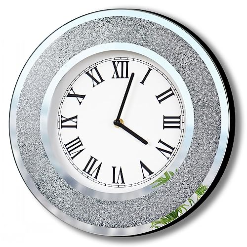 DMDFIRST Bling Silver Round Mirror Clock 12 inch Glam Sparkle Twinkle Shining Mirror Wall Clock for Wall Decoration Silver Glass Mirror Home Decor AA Battery is not Included von DMDFIRST