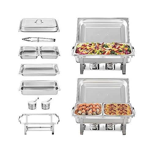 8QT 2er-Pack Chafing Dish-Buffet-Set, Edelstahl-Chafer mit 2 großen und 4 halbgroßen Pfannen, rechteckiger Catering-Wärmerheber mit Deckel Für den täglichen Gebrauch zu Hause von DMETE