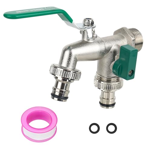 3/4 Zoll Messing Doppelkugelauslaufventil Doppelauslasshahn Doppelauslass Wasserhahn Doppel-Außenhahn Rost- und frostbeständig + 2 Schlauchanschlüsse | für Garten, Waschmaschine, Regentonne (Grün) von DMJJSD