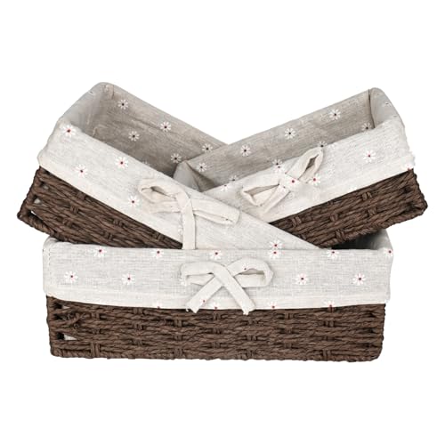 Brotkorb 3er Set mit Baumwolleinsatz | Eckige Brotkörbchen aus Seegras | Geflochtener Korb | Aufbewahrungskorb aus stabilem Metalluntergestell | Brötchenkorb Scandi Style | Aufbewahrungskorb (Braun) von DMJJSD