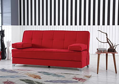 Dmora Carlos, Schlafsofa, linearer Aufbewahrungsbehälter mit 2 Kissen inklusive, Wohnzimmer-Sofa aus gepolstertem Stoff mit klick-Klack-Öffnung, 190 x 87 x 91, Rot von Dmora