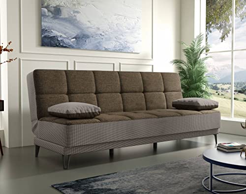 Dmora Jordi, 3-Sitzer-Schlafsofa mit schwarzen Metallfüßen, Wohnzimmersofa aus gepolstertem Stoff mit klick-Klack-Öffnung, 190 x 87 x 97 cm, Grau und Braun von Talamo Italia